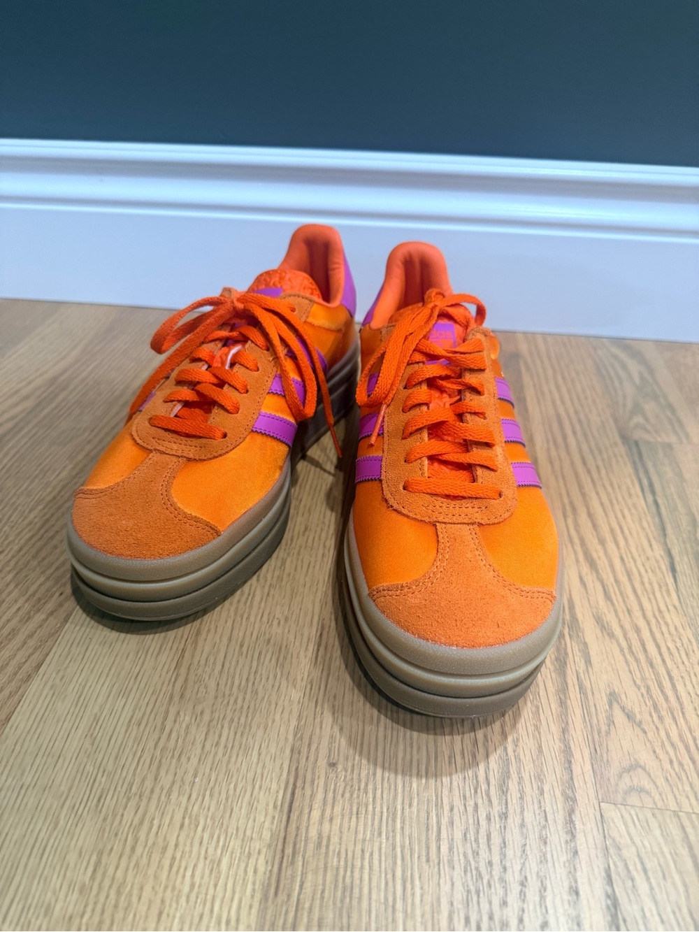 adidas Orange Suede Sneakers with Pink Stripes